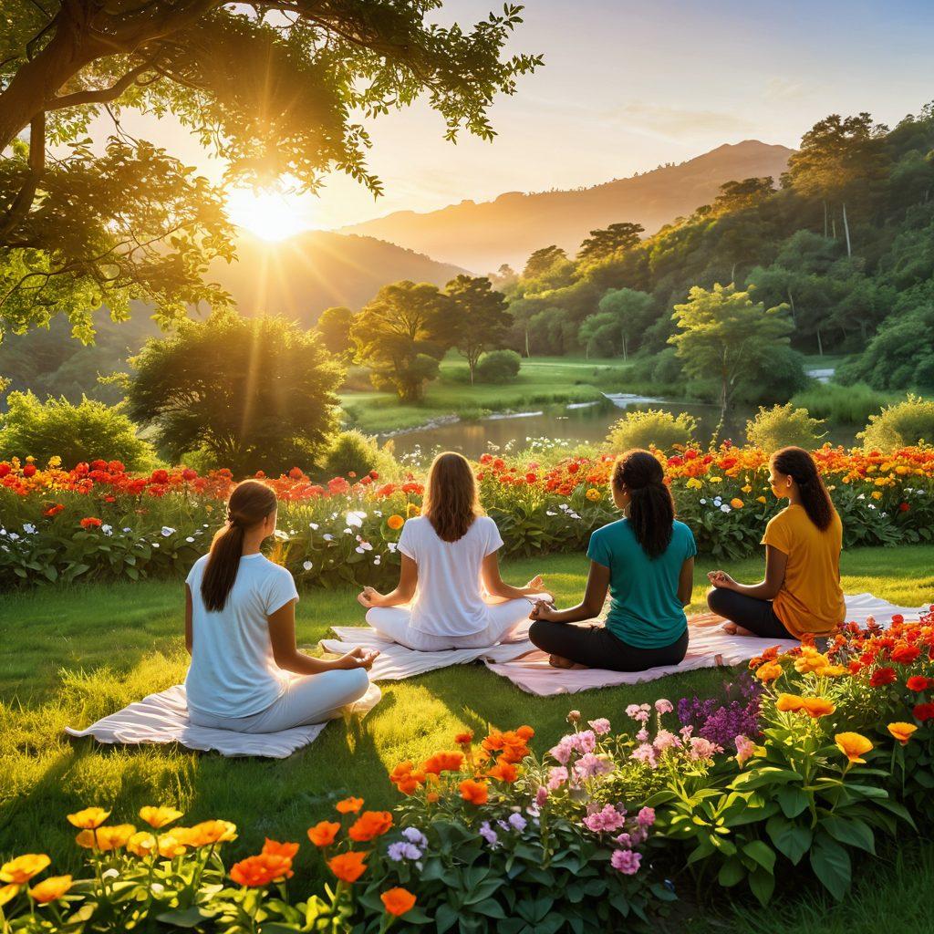 A warm sun rising over a serene landscape with vibrant flowers and lush greenery, symbolizing positivity and joy. Include a group of diverse individuals practicing mindfulness together, radiating happiness and laughter. Soft golden light illuminating the scene, creating a sense of peace and bliss. Capture the essence of nature and community in harmony. super-realistic. vibrant colors. cheerful atmosphere.