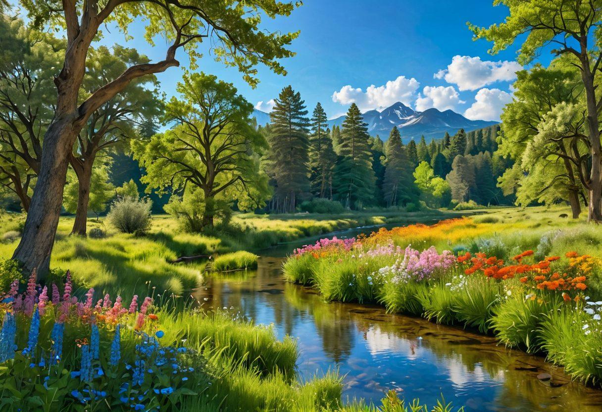 A serene landscape featuring a sunlit meadow filled with blooming flowers, a crystal-clear stream meandering through, and diverse people of all ages engaging in joyful activities like laughing, dancing, and meditating. The backdrop includes tall, lush trees and a bright blue sky with fluffy clouds, embodying an atmosphere of bliss and contentment. Illustrate the essence of joy and connection to nature in warm, inviting colors. vibrant colors. 3D.